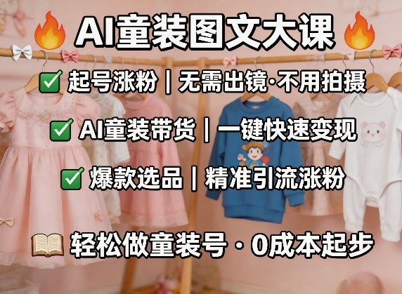 AI童装图文剪辑，某社群童装图文大课，起号涨粉、AI童装带货、爆款选品，无需出镜和拍摄-难事易副业库