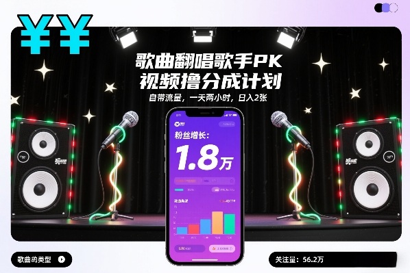 歌曲翻唱歌手PK视频撸分成计划，自带流量，一天两小时，日入2张-难事易副业库