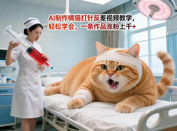 AI制作橘猫打针反差视频教学，轻松学会，一条作品涨粉上千+-难事易副业库