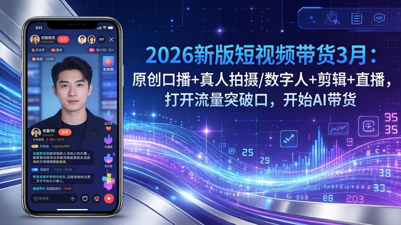 （17724期）2026新版短视频带货3月：原创口播+真人拍摄/数字人+剪辑+直播，打开流量突破口，开始AI带货-难事易副业库
