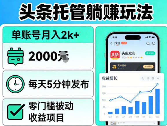 头条托管躺賺玩法，单账号月入2k+，每天5分钟发布即可，零门槛被动收益项目【揭秘】-难事易副业库