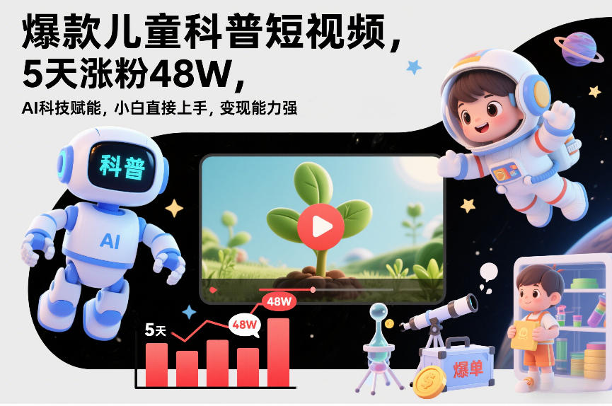 爆款儿童科普短视频，5天涨粉48W，AI科技赋能，小白直接上手，变现能力强，橱窗带货爆单不停-难事易副业库