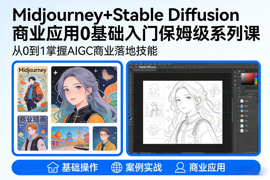 AIGC商业应用Midjourney+Stable Diffusion教程，0基础入门保姆级系列课-难事易副业库