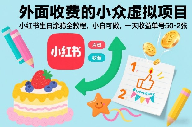 外面收费的小众虚拟项目，小红书生日涂鸦全教程，小白可做，一天收益单号50-2张-难事易副业库