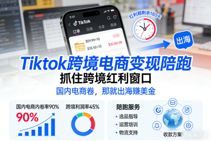 Tiktok跨境电商变现陪跑，抓住跨境红利窗口，国内电商卷，那就出海賺美金-难事易副业库