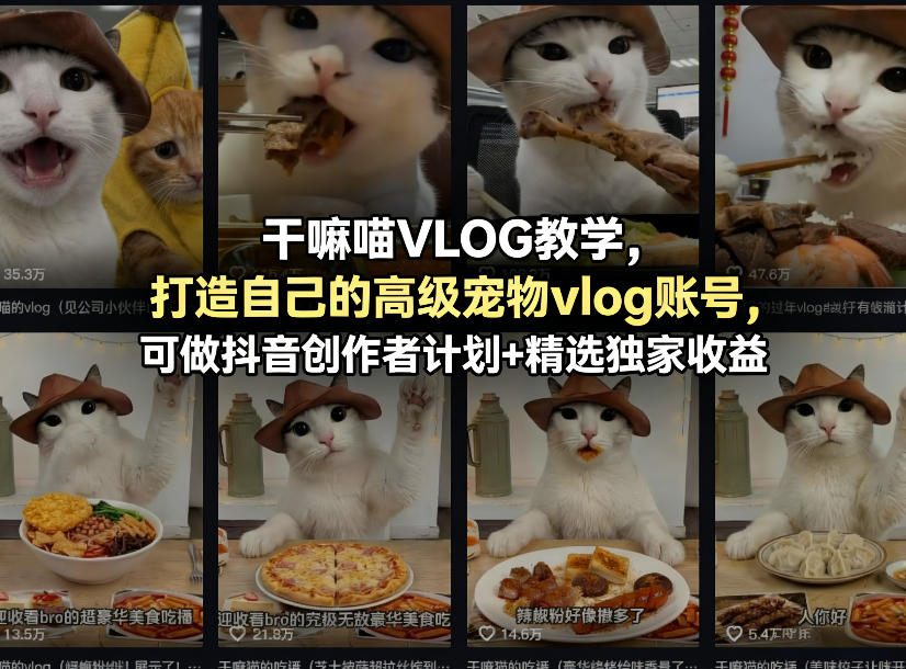干嘛喵VLOG教学，打造自己的高级宠物vlog账号，可做抖音创作者计划+精选独家收益-难事易副业库