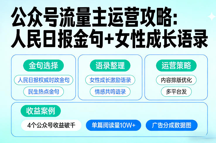 利用人民日报金句+女性成长语录做公众号流量主，4个公众号收益破千-难事易副业库