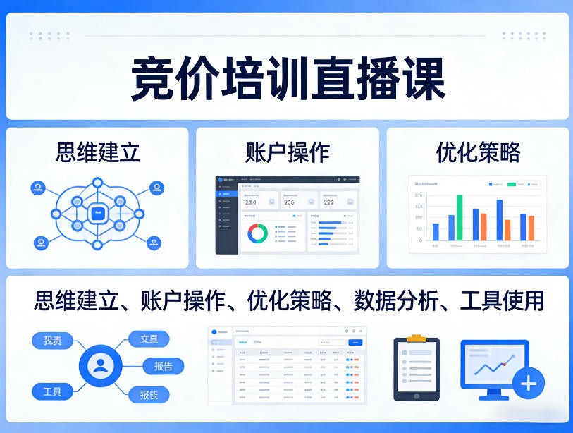 竞价培训直播课，覆盖思维建立、账户操作、优化策略、数据分析、工具使用等，全方位提升效果-难事易副业库