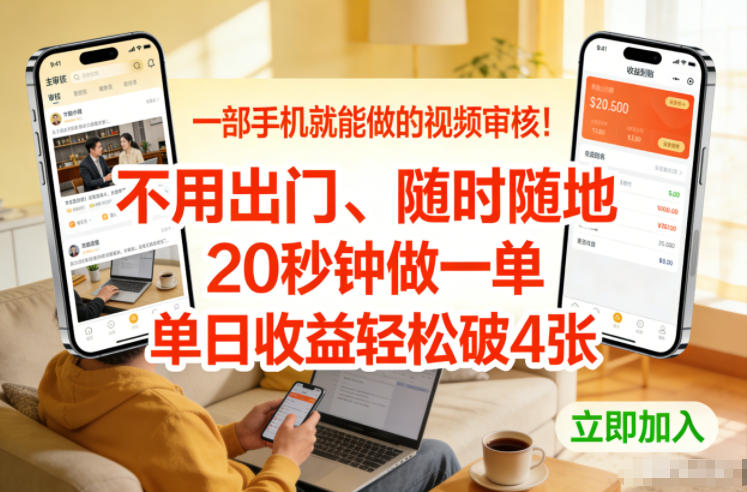 一部手机就能做的视频审核！不用出门，随时随地，20秒钟做一单，单日收益轻松破4张【揭秘】-难事易副业库