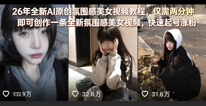 26年全新AI原创氛围感美女视频教程，仅需两分钟即可创作一条全新氛围感美女视频，快速起号涨粉-难事易副业库