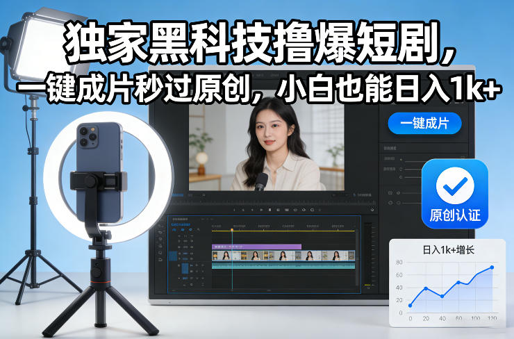 独家黑科技撸爆短剧，一键成片秒过原创，小白也能日入1k+【揭秘】-难事易副业库
