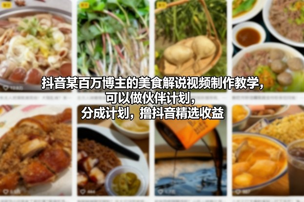抖音某百万博主的美食解说视频制作教学，可以做伙伴计划，分成计划，撸抖音精选收益-难事易副业库