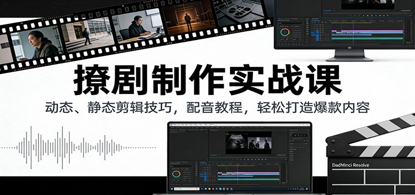 撩剧制作实战课：动态、静态剪辑技巧，配音教程，轻松打造爆款内容-难事易副业库