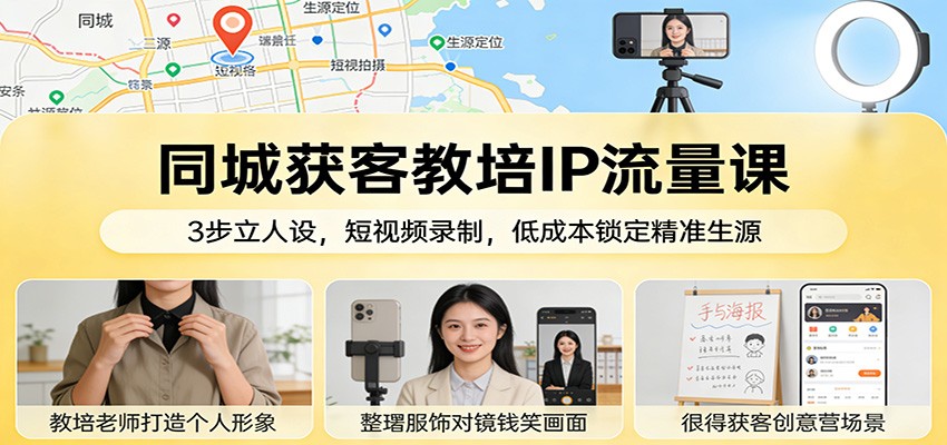 同城获客教培IP流量课：3步立人设，短视频录制，低成本锁定精准生源-难事易副业库