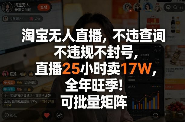 淘宝无人直播，不违规不封号，直播25小时卖17W，全年旺季！可批量矩阵【揭秘】-难事易副业库