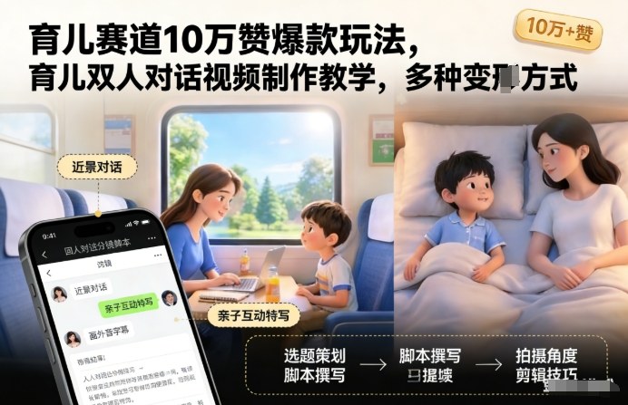 育儿赛道10万赞爆款玩法，育儿双人对话视频制作教学，多种变现方式-难事易副业库