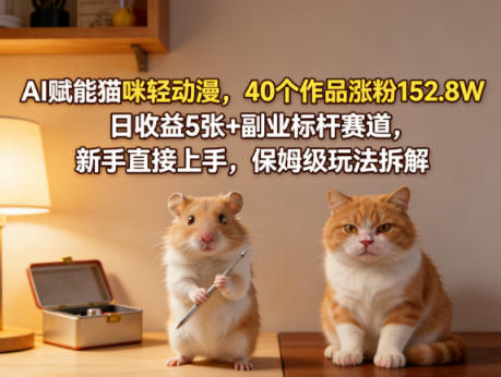 AI赋能猫咪轻动漫，40个作品涨粉152.8W，日收益5张+副业标杆赛道，新手直接上手，保姆级玩法拆解-难事易副业库