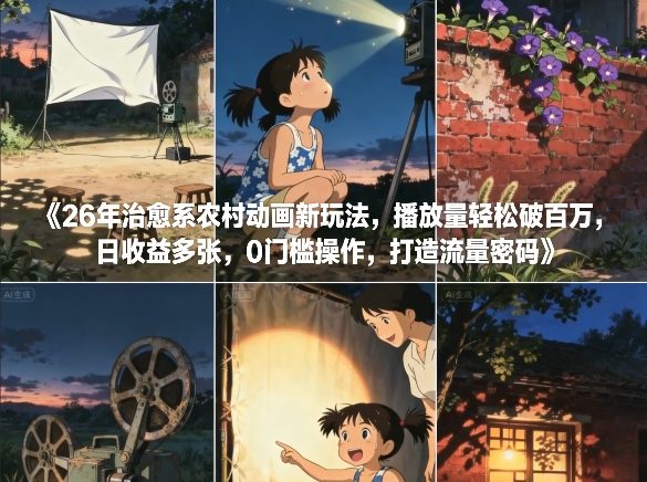 26年治愈系农村动画新玩法，播放量轻松破百万，日收益多张，0门槛操作，打造流量密码-难事易副业库