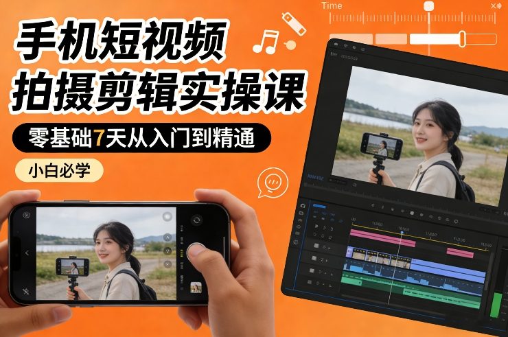 手机短视频拍摄剪辑实操课，零基础7天从入门到精通，小白必学-难事易副业库