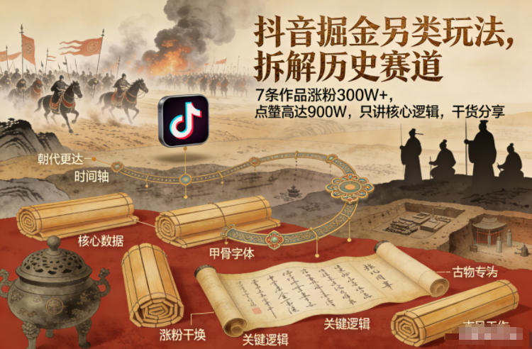抖音掘金另类玩法，拆解历史赛道，7条作品涨粉300W+，点赞量高达900W，只讲核心逻辑，干货分享-难事易副业库