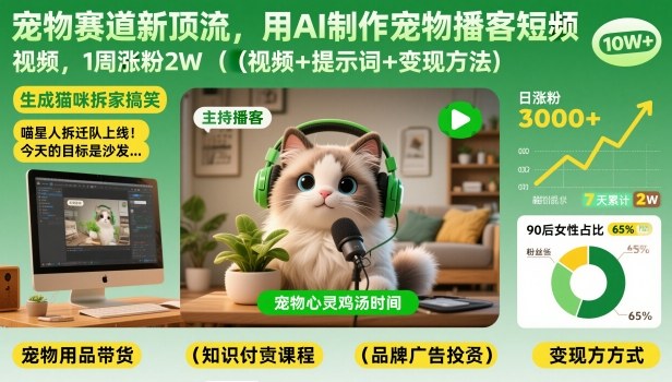 宠物赛道新顶流，用AI制作宠物播客短视频，1周涨粉2W（视频+提示词+变现方法）-难事易副业库