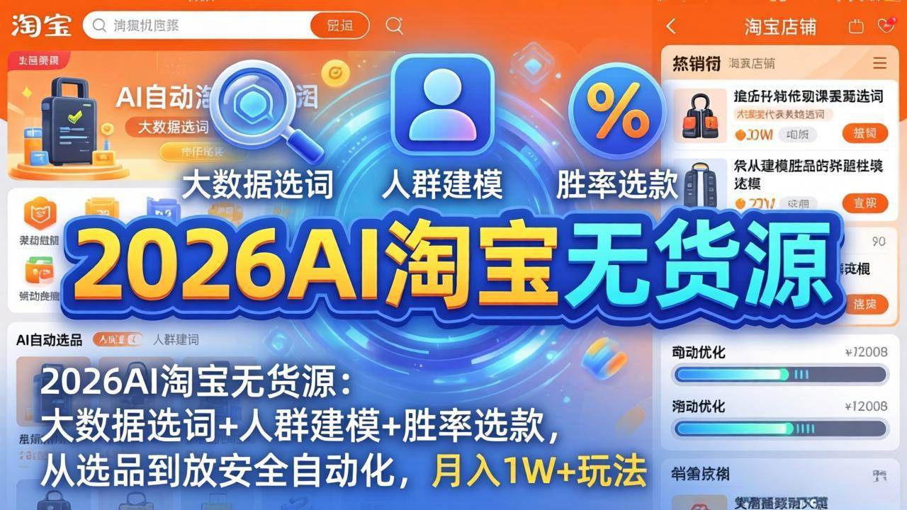 （17812期）2026AI淘宝无货源：大数据选词+人群建模+胜率选款，从选品到放大全自动化，月入1W+玩法-难事易副业库