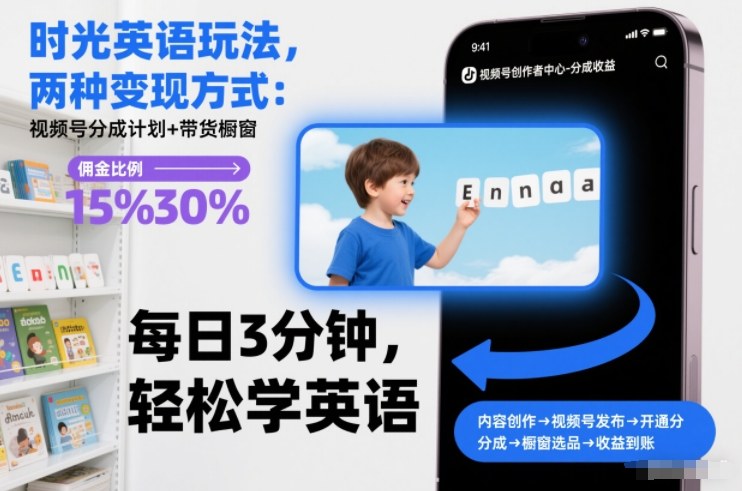 时光英语玩法，两种变现方式：视频号分成计划+带货橱窗-难事易副业库