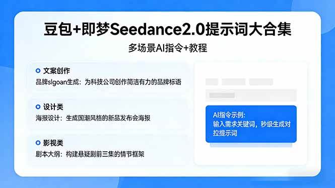 （17935期）豆包+即梦Seedance2.0提示词大合集：多场景AI指令+教程，解锁文案、设计、影视高效创作-难事易副业库