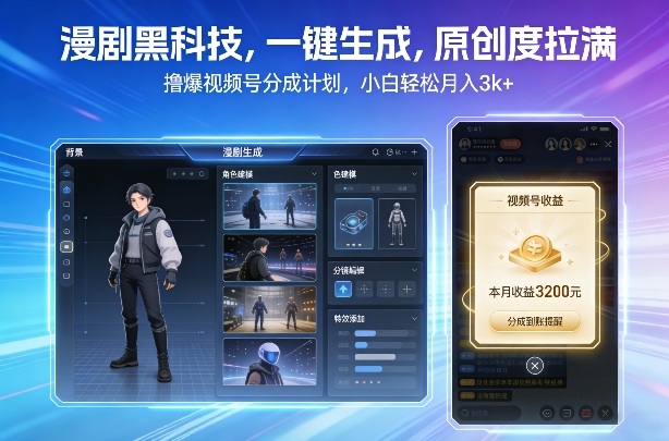 漫剧黑科技，一键生成，原创度拉满，撸爆视频号分成计划，小白轻松月入3k+-难事易副业库