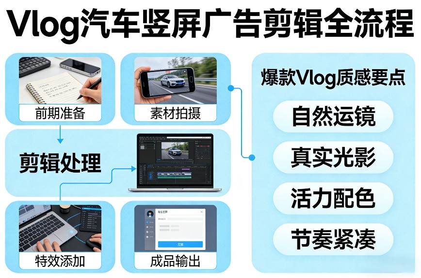 Vlog感觉汽车竖屏广告剪辑脚本全流程，拿捏爆款Vlog质感-难事易副业库