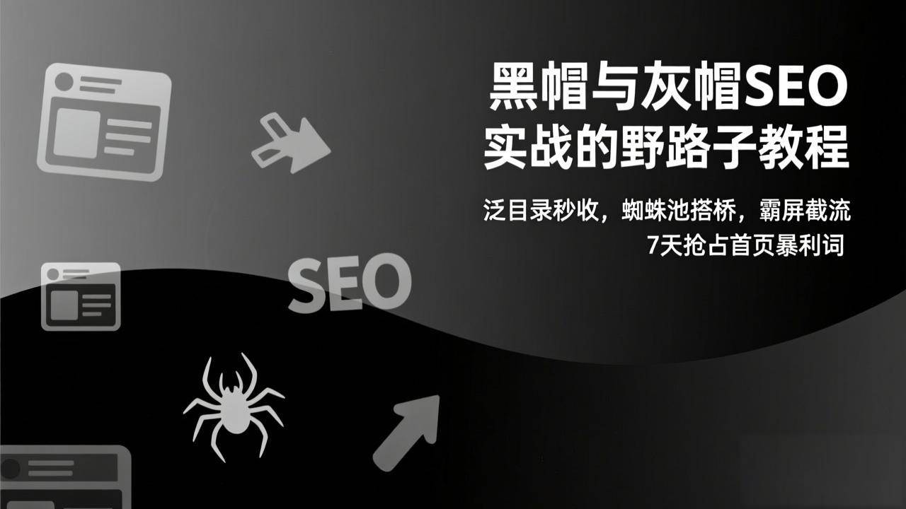 （17125期）黑帽与灰帽SEO实战的野路子教程：泛目录秒收，蜘蛛池搭桥，霸屏截流，7天抢占首页暴利词-难事易副业库