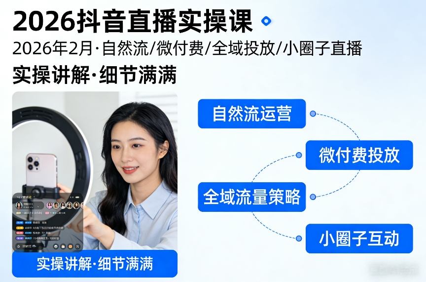 2026抖音直播实操课2026年2月，自然流、微付费、全域投放、小圈子直播，实操讲解，细节满满-难事易副业库