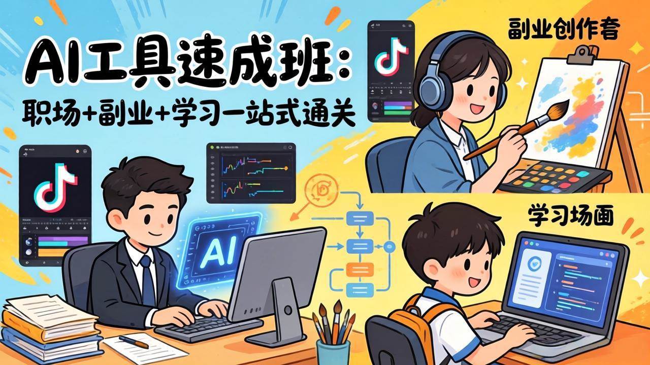 （17650期）AI工具速成班：职场+副业+学习一站式通关，20+爆款类型+剪映技巧+抖音算法，0基础快速上手-难事易副业库