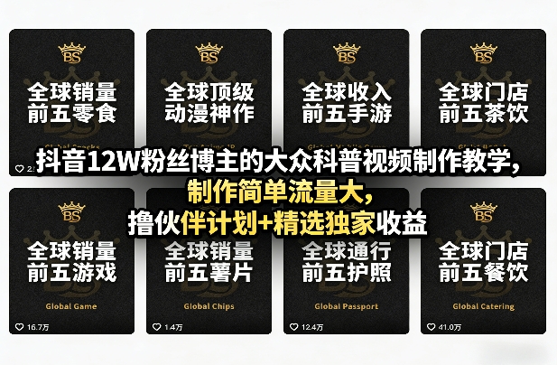 抖音12W粉丝博主的大众科普视频制作教学，制作简单流量大，撸伙伴计划+精选独家收益-难事易副业库