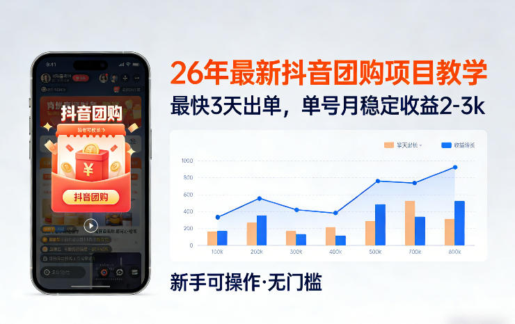 26年最新抖音团购项目教学，0门槛，最快3天出单，单号月稳定收益2-3k（更新3月19日）-难事易副业库