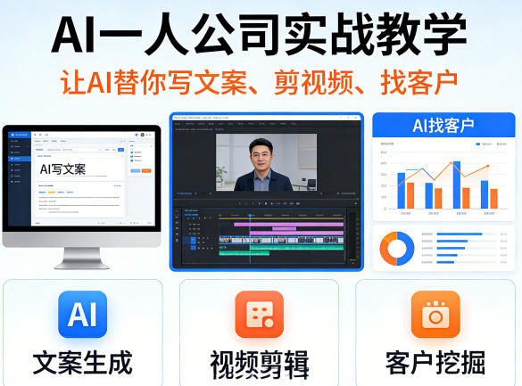 AI一人公司实战教学，让AI替你写文案、剪视频、找客户-难事易副业库
