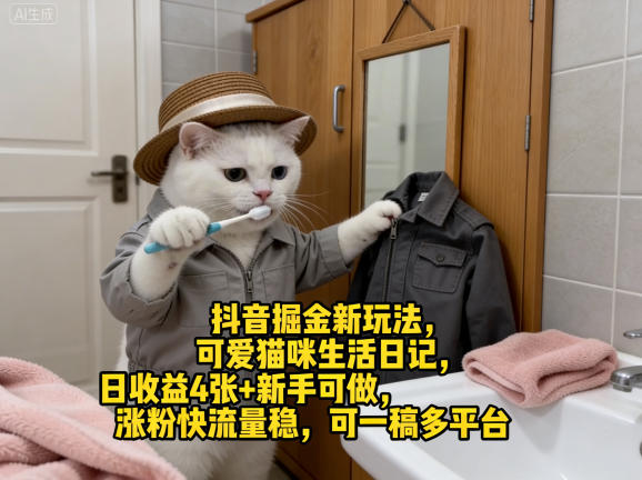 抖音掘金新玩法，可爱猫咪生活日记，日收益4张+新手可做，涨粉快流量稳，可一稿多平台-难事易副业库