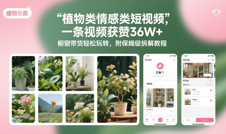 植物类情感类短视频，一条视频获赞36W+，橱窗带货轻松玩转，附保姆级拆解教程-难事易副业库