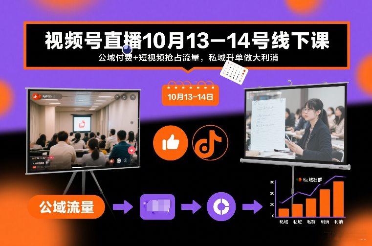 视频号直播10月13-14号线下课，公域付费+短视频抢占流量，私域升单做大利消-难事易副业库