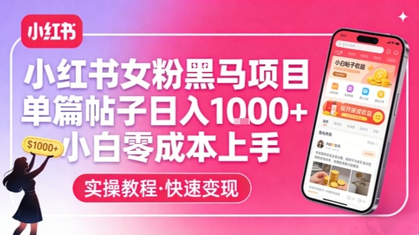 小红书女粉黑马项目，单篇帖子日入1k+，小白零成本上手-难事易副业库