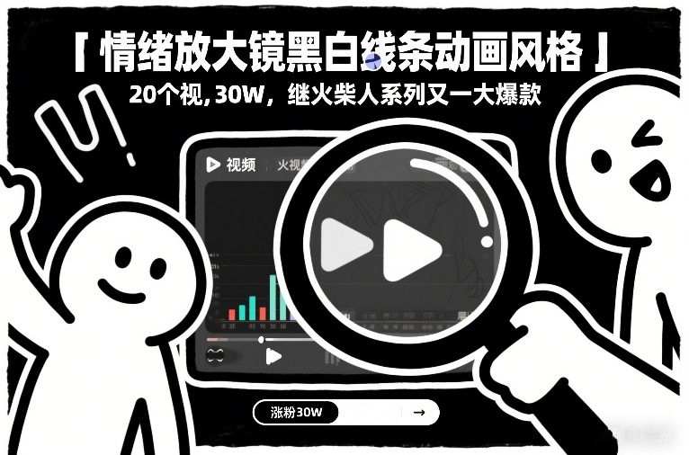 情绪放大镜黑白线条动画风格，20个视频，涨粉30W，继火柴人系列又一大爆款-难事易副业库