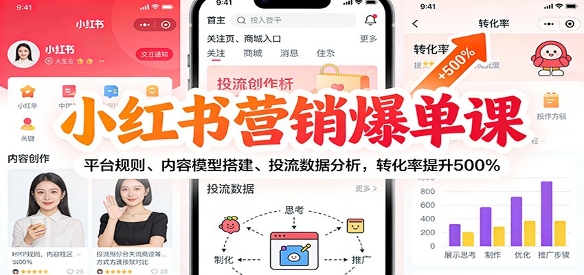 小红书营销爆单课：平台规则、内容模型搭建、投流数据分析，转化率提升500%-难事易副业库