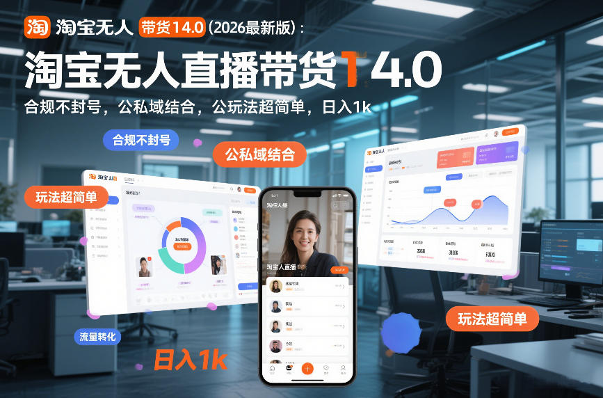 淘宝无人直播带货14.0（2026最新版）：合规不封号，公私域结合，玩法超简单，日入1k+【揭秘】-难事易副业库