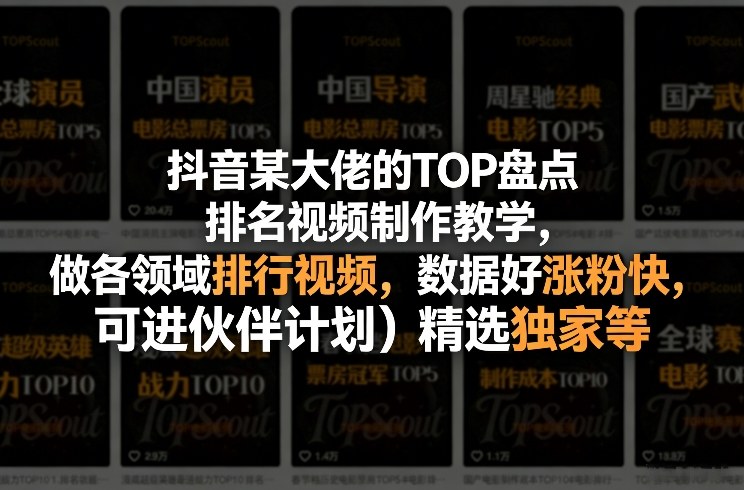 抖音某大佬的TOP盘点排名视频制作，做各领域排行视频，数据好涨粉快，可进伙伴计划＋精选独家等-难事易副业库