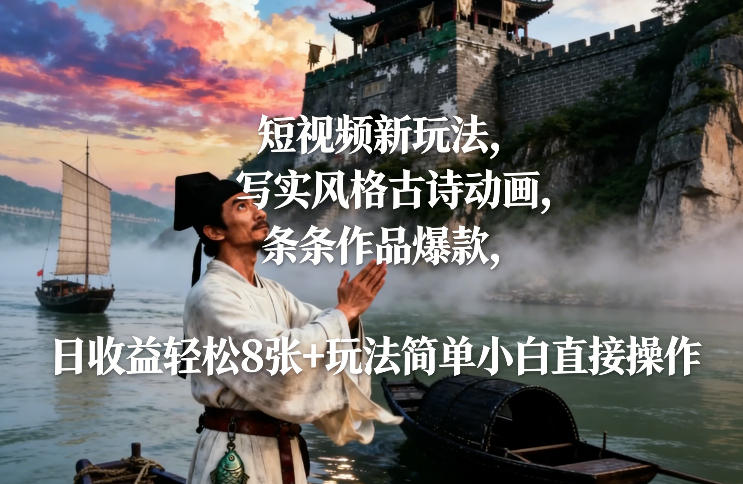 短视频新玩法，写实风格古诗动画，条条作品爆款，日收益轻松8张+玩法简单小白直接操作-难事易副业库