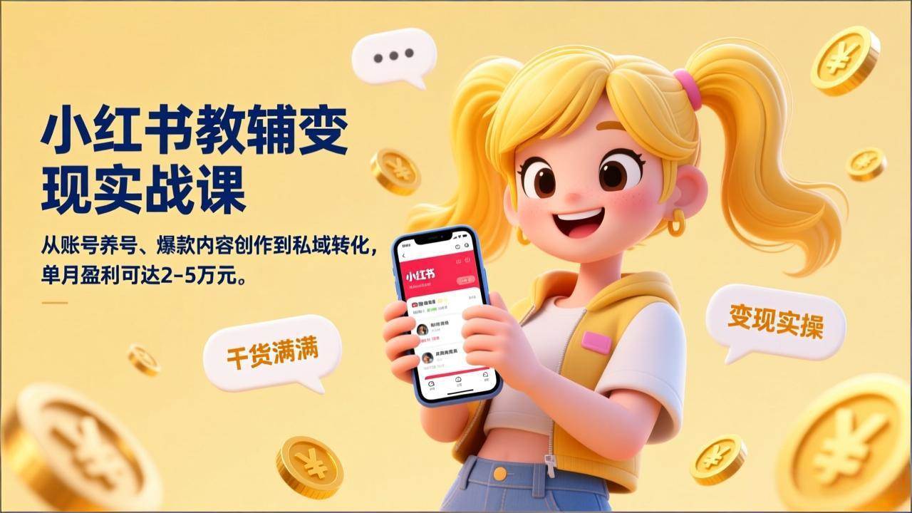 （17334期）小红书教辅变现实战课，从账号养号、爆款内容创作到私域转化，单月盈利可达2-5万元-难事易副业库
