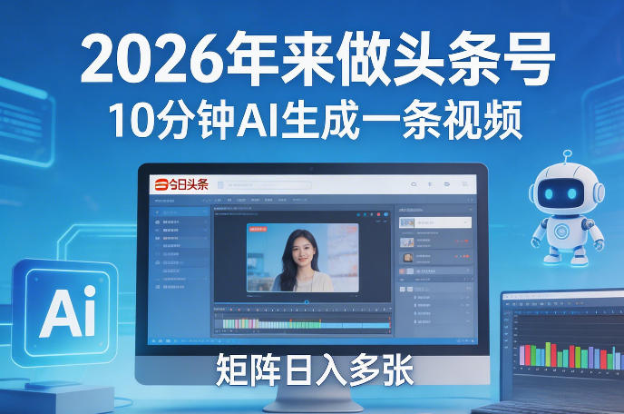 2026年来做头条号，10分钟AI生成一条视频，矩阵日入多张-难事易副业库