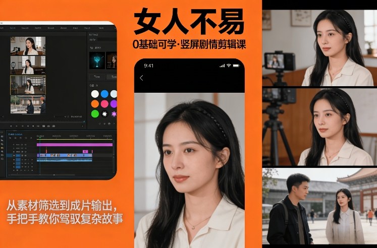 0基础可学！《女人不易》竖屏剧情剪辑课，从素材筛选到成片输出，手把手教你驾驭复杂故事-难事易副业库