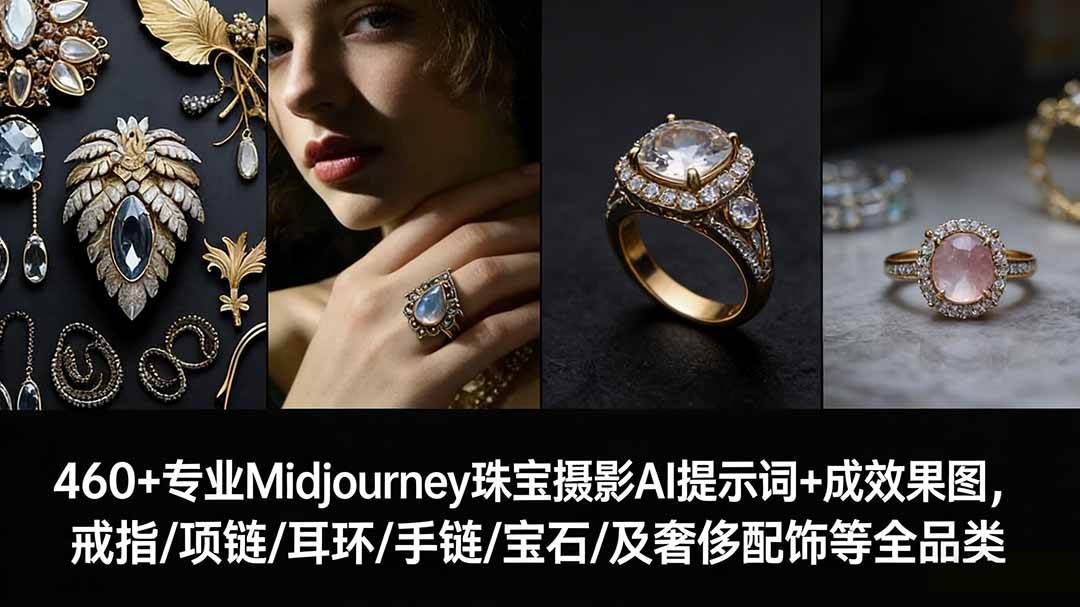 （17272期）460+专业Midjourney珠宝摄影AI提示词+成效果图，戒指/项链/耳环/手链/宝石/及奢侈配饰等全品类-难事易副业库