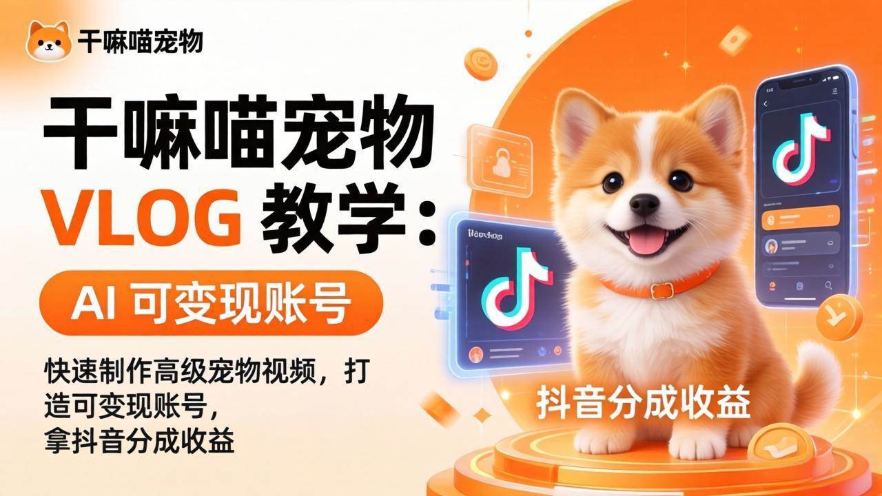 （17888期）干嘛喵宠物 VLOG 教学：AI 快速制作高级宠物视频，打造可变现账号，拿抖音分成收益-难事易副业库